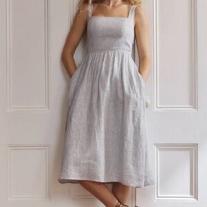 Quince 100% European Linen Fit & Flare Midi Dress Blue Pinstripe Size M